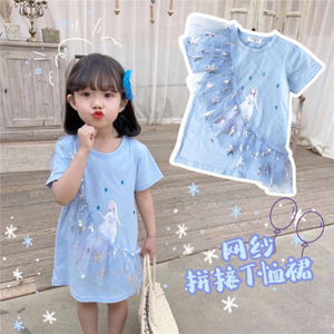 Estate dolce o-collo <span class=keywords><strong>di</strong></span> cotone in pizzo per ragazze <span class=keywords><strong>vestito</strong></span> congelato Elsa ispirato a maniche corte racunzel principessa modello cartone animato ODM per bambini - Product Image 2
