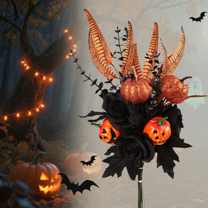 Bouquet de citrouilles d'Halloween, feuilles d'érable noires artificielles en plastique, branches mortes, décoration amusante pour la maison et les fêtes, fleur festive - Product Image 4