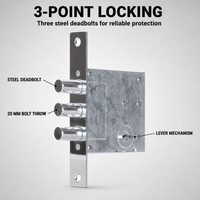 Serrure à levier à mortaise 257 pour porte d'entrée, entraxe 60 mm, 3 verrous en acier, 5 clés, corps galvanisé, pêne dormant haute sécurité