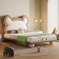 Lit d'enfant moderne de luxe taille Queen, motif ours de dessin animé mignon, revêtement en cuir, personnalisable, en bois de pin, mobilier de chambre modulaire