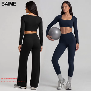 Completo Yoga a Maniche Lunghe Tinta Unita, Top Sportivo Nude per Corsa, Asciugatura Rapida, Scollo Quadrato, T-shirt Aderente per Fitness - Product Image 1