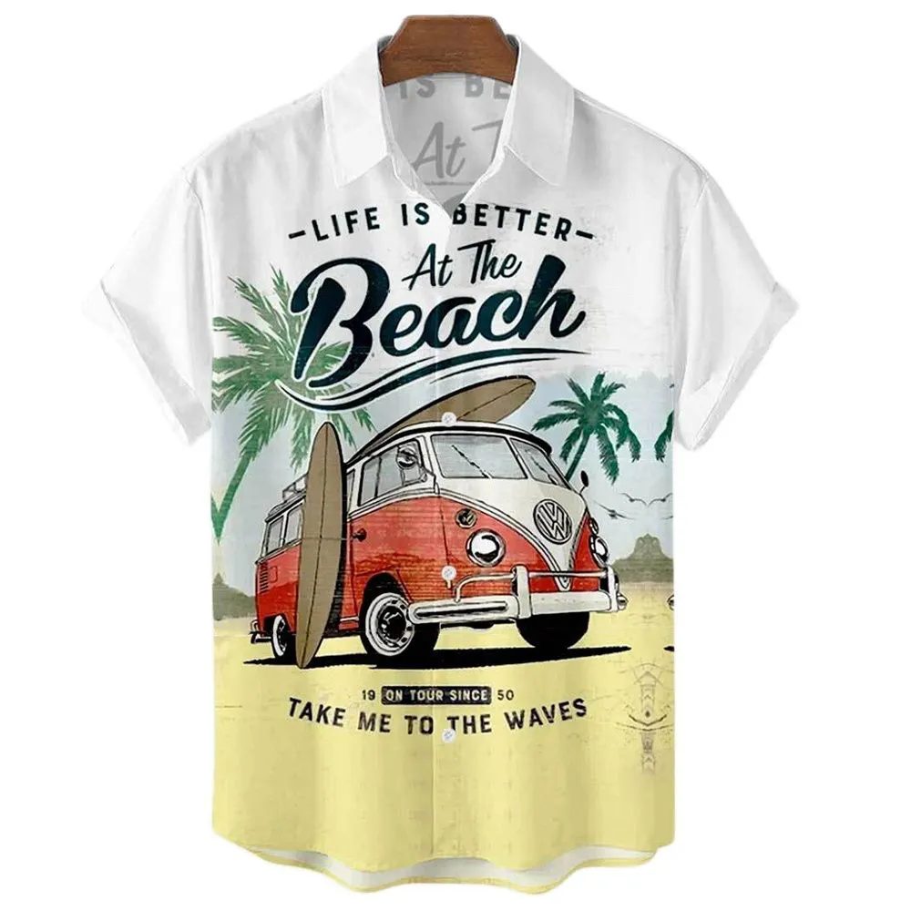 Fitspi Men's Hawaiian Shirts Vintage Top 3d Car Print Loose Casual Shirts Men Beach Aloha Shirt Fashion Clothing Ropa Hombre 5XL