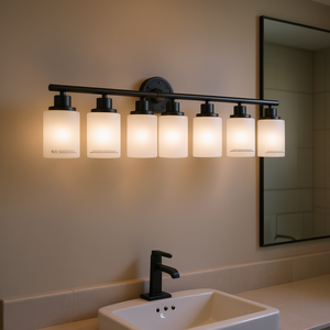 Applique murale de vanité de salle de bain moderne à 8 lumières Verre blanc givré Cadre en fer noir Design contemporain pour dressing de chambre à coucher - Product Image 2