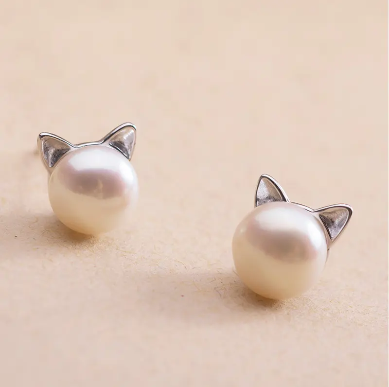 China Sieraden Groothandel Vergulde Custom hoge kwaliteit mooie parel leuke kat stud oorbellen