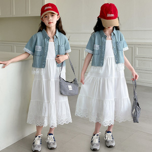 Set Estivo 2026 per Ragazze Adolescenti: <span class=keywords><strong>Camicia</strong></span> in Denim con Bordo in Pizzo a Maniche Corte + Vestito Bianco in Pizzo, Set Casual 2 Pezzi - Product Image 1