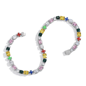 Colorful Gemstone <b>Bracelet</b> And Necklace <b>Set</b> Geometric Cross Design Silver Alloy Party Jewelry Fashion Hip Hop Style - Product Image 4