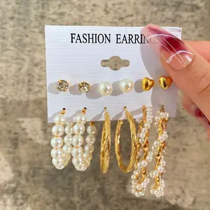 Pendientes de perlas incrustadas para mujer, aretes creativos de oro Vintage francés, conjunto de 6 piezas, venta al por mayor de fábrica