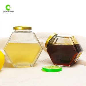 Empty Flat Hexagon <strong>Glass</strong> Jam <strong>Jar</strong> 500g Honey <strong>Jar</strong> <strong>Glass</strong> with Twist Off Golden Tin Lid - Product Image 2