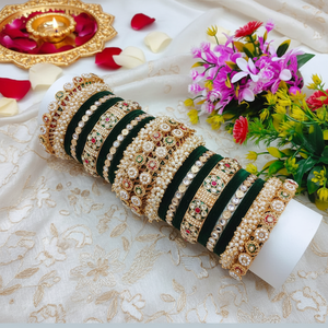 Luxury Bridal Kundan & Pearl Velvet <b>Bangles</b> <b>Set</b> Elegant Pearl Bracelets Perfect for Weddings and Celebrations - Product Image 3