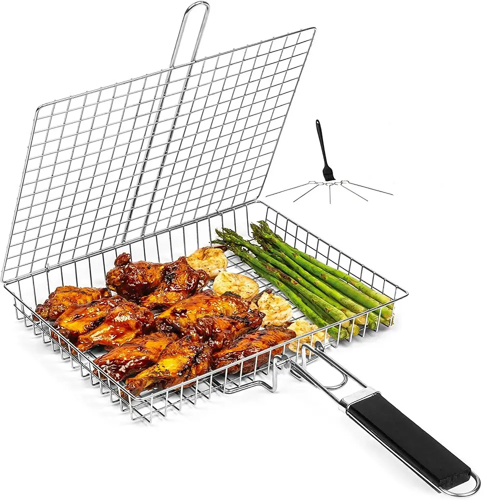 Großer klappbarer rechteckiger Grill korb aus rostfreiem Stahl Grill netz mit Griff Tragbarer Grill grill korb