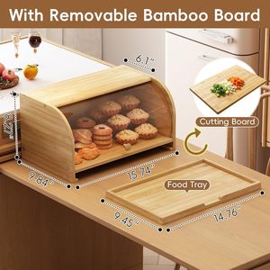 Boîte de rangement pour pain en bambou avec couvercle rabattable pour la cuisine - Product Image 4