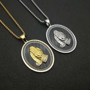 Collier pendentif mains en prière Hip Hop en acier inoxydable plaqué or et argent, serti pavé, bijou unisexe, cadeau - Product Image 1