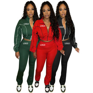 Completo Due Pezzi Personalizzato da Donna con Maniche Lunghe, Pannelli Doppi a Contrasto, Cerniera a Costine e <span class=keywords><strong>Pantaloni</strong></span> Leggermente Svasati - Product Image 1