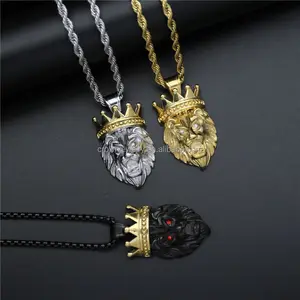 OEM Stainless Steel Jewelry Manufacturer Hiphop Gold Plated Crystal Diamonds Crown Black Lion Necklace