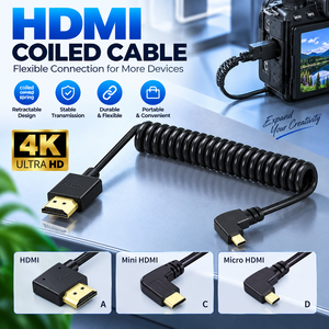 Câble <span class=keywords><strong>Mini</strong></span> <span class=keywords><strong>HDMI</strong></span> vers <span class=keywords><strong>HDMI</strong></span> 4K 60Hz 18 Gbps <span class=keywords><strong>HDMI</strong></span> 2.0 en spirale, <span class=keywords><strong>cordon</strong></span> mâle-mâle à angle droit de 90 degrés pour caméra et moniteur - Product Image 1