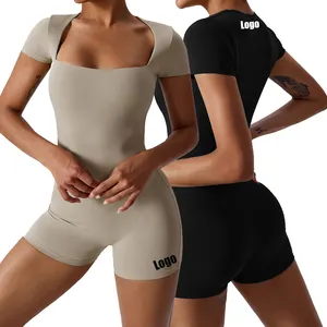S-XL 2023 Macacão Mulheres elegante Elástico Quadrado Pescoço Compressão Ginásio Bodysuit Workout Yoga Jumpsuits One Piece Fitness Jumpsuit
