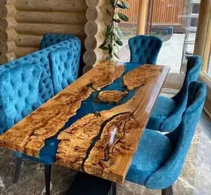Table de salle à manger personnalisée en dalle résine époxy en bois de noyer massif de luxe directe d'usine café cuisine restaurant rivière