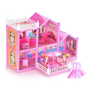 Pretend Play Speelgoed Educatief Diy Plastic Roze Speelhuis Miniatuur Meubels Villa Speelgoed Prinses Kasteel Set Speelgoed Voor Meisje