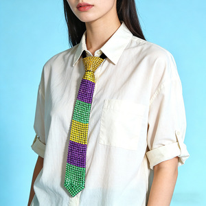 Corbata con Bloques de Color y Decoración de Diamantes de Imitación para Hombre y Mujer, Corbata Brillante sin Nudo, Estilo Casual de Negocios, Material de Rayón - Product Image 3