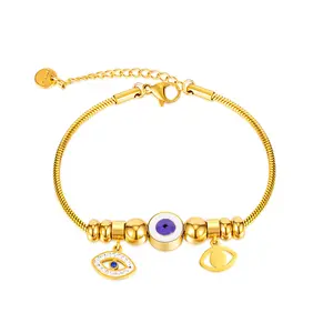 2023 New Hot Sale Gold Plated Adjustable Snake Link Chain Blue Light Beads Stainless Steel Cubic Zirconia Evil Eyes bracelets