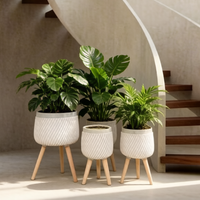 Ensemble de 3 pots de fleurs minimalistes en fibre d'argile avec rainures diagonales ondulées et pieds en bois naturel pour le salon