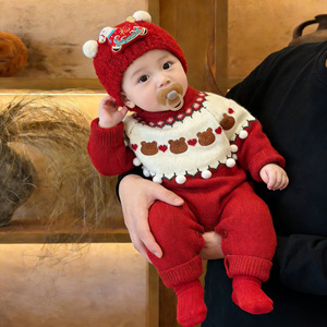 Vêtements pour bébé, combinaison en acrylique rouge pour l'hiver, style occidental, adorable pull en tricot avec petit ours, <span class=keywords><strong>tenue</strong></span> pour bébé d'un mois - Product Image 3