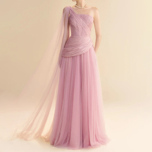 فستان سهرة راقي للنساء من ZYHT بكتف واحد لون وردي من التل مع جسم راقي وتفاصيل الرأس - Product Image 1