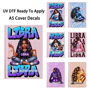 Autocollants de couverture de carnet DTF UV pour filles noires, motif horoscope floral, prêts à appliquer, autocollants de transfert durables pour couverture de journal A5 - Product Image 1