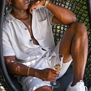 Sweat-shirt ample à manches courtes en coton et lin pour homme, chemise à revers en coton et lin de couleur unie à manches courtes - Product Image 3