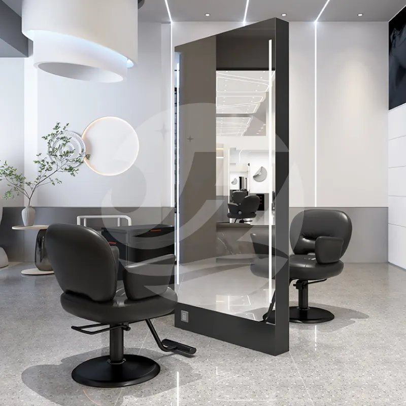 Estaciones de estilo de salón de peluquería de lujo espejo de piso iluminado con LED muebles de salón de belleza ESTACIÓN DE ESPEJO desempañador