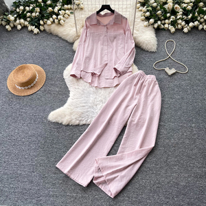 Completo Casual da <span class=keywords><strong>Donna</strong></span> in Due Pezzi: Camicia con Colletto e Bottoni a Maniche Lunghe, Pantaloni a Vita Alta Elasticizzata e Gamba Larga, per Uso Quotidiano Primavera-Autunno - Product Image 2