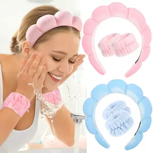 Spa trang điểm mềm miếng bọt biển vải headbands Set cho phụ nữ dây đeo cổ tay cô gái femm hairbands