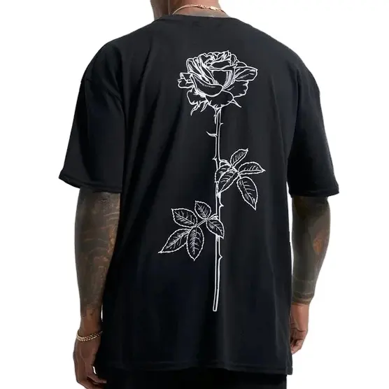 Men's Oversize T-Shirt 100% Cotton Heavy 280g New Design with Heavy Line Drawn Rose Stem Print T-shirt