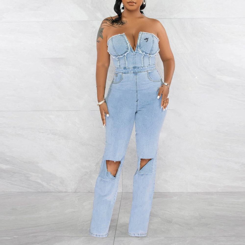 Original Clothing Manufacturers Holes Women Plus Size Jeans Rompers Lady  off Shoulder Heavy Blue Sexy Denim Jumpsuit Jumper