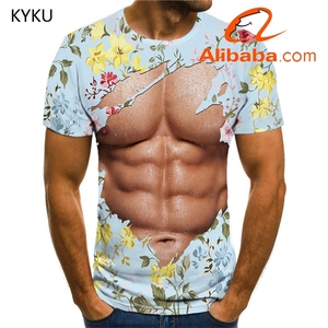 メンズマッスルTシャツメンズ腹部マッスルシャツプリントフラワーTシャツ3D原宿Tシャツプリント半袖スポーツウェア - Product Image 2