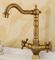 Robinet de lavabo d'eau chaude et froide, mitigeur de style européen rétro spirale robinet de cuisine en laiton de cuivre antique