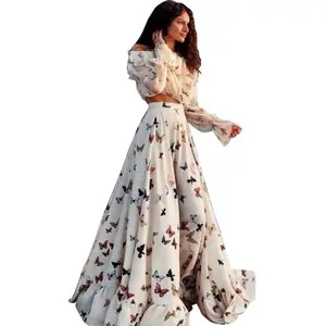 2024 European and American Internet celebrity butterfly print two-piece bohemian large skirt long skirt vacation beach dress