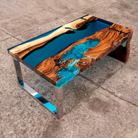 Table à café et à manger moderne en bois massif avec cascade bleue, résine époxy, bureau rivière pour usage hôtelier