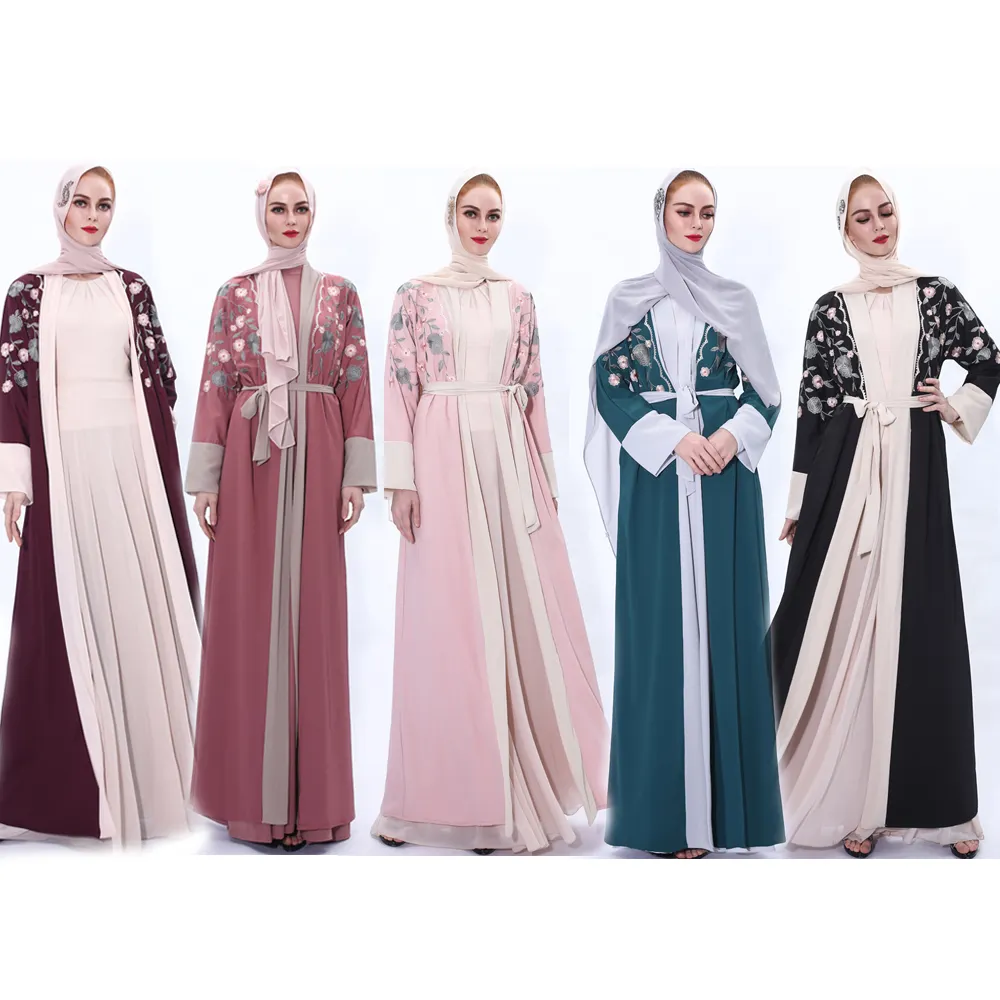 女性のイスラム教徒のドレスイスラムの絶妙なカラーマッチングとシフォンステッチの絶妙な花の枝の刺embroideryドレス91207