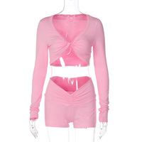 Ensemble deux pièces pour femmes, nouveau, couleur unie, haut court à manches longues torsadé, short moulant, tenue de sport et de yoga pour femmes