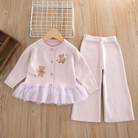 Automne nouveau style tricoté rose et beige bébé fille une pièce pantalon en gros-ensemble chemise et pull kaki pour enfants