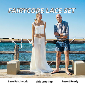 2026 Summer Women's Vacation Fairycore Sets Woven Tunic Bandage Short Crop Top <b>Patchwork</b> Lace Midi <b>Skirts</b> Worsted Ropa Wholesale - Product Image 2