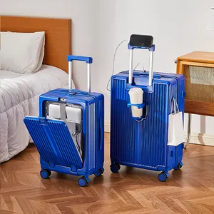 Güzel seyahat 2024 fabrika yeni tasarım ön açılış seyahat çantaları arabası bagaj bardak tutucu ve USB şarj ile bavul