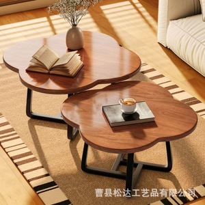 Wooden coffee <b>table</b>, <b>small</b> apartment, retro style, four-leaf clover <b>round</b> bedroom, simple balcony <b>side</b> <b>table</b>, sofa <b>side</b> <b>table</b> - Product Image 4