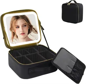 Seyahat makyaj çantası ile büyük ışıklı makyaj aynası bölme katlanabilir kozmetik çantası profesyonel kozmetik sanatçı organizatör