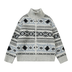 Autumn Thick Fair Isle Color Contrast Jacquard Zipper Closure Stand Collar Unisex Loose Preppy Style Knitted <strong>Cardigan</strong> <strong>Sweater</strong> - Product Image 1