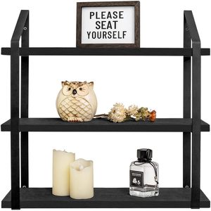 Wall Mounted Wooden Storage Rack Iron <b>Wood</b> Combination <b>Rustic</b> Design Black Brown Living Room Display <b>Shelf</b> - Product Image 1