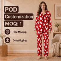 Ensemble de pyjama tricoté en polyester pour femme, motif personnalisé de sapin de Noël rouge, rennes et chaussettes, col cranté, POD, MOQ 1 pièce