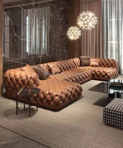 Italian Leather Sofas Sectional Button Tufted Chesterfield U Shape Modular orange white Sofa Living Room chesterfield sofa