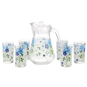 Flower decor Glass Water Pitcher Sets Glass drinking set glass jug set with 6 cup for wholesale china glassware manufacturer